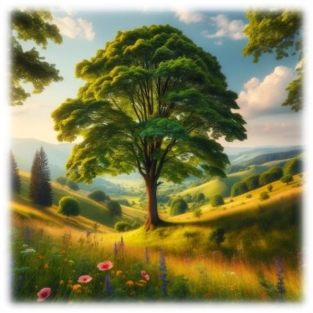 C:\Users\Наталочка\Desktop\DALL·E 2024-03-05 16.01.08 - A majestic maple tree standing tall in the picturesque landscapes of Ukraine, surrounded by lush greenery and vibrant wildflowers. The scene captures .png